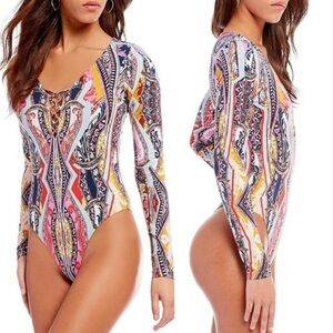 Free People Boho Colorful Paisley Long Sleeve Fitted Bodysuit Ballet Core